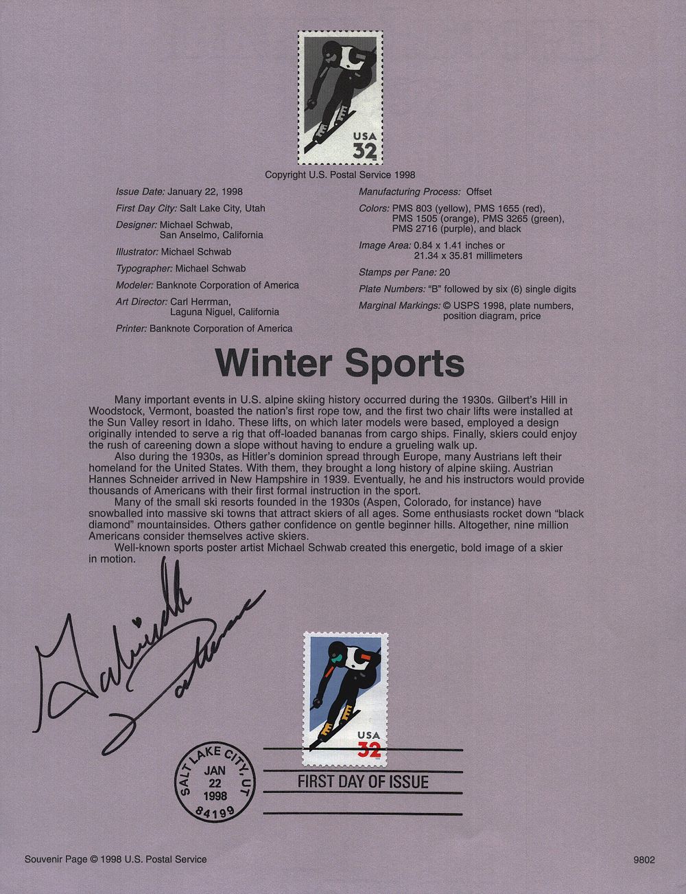 Lot 250: Gabrielle Daleman signed Winter Sports stamp sheet. Good...