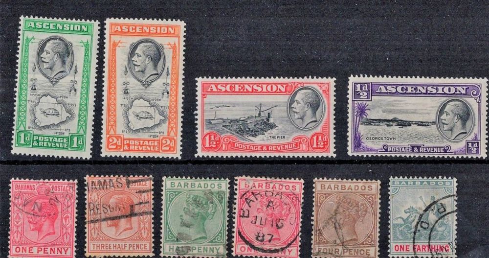 Lot 232: Ascension , Barbados , Bahamas 10 Old Stamps...