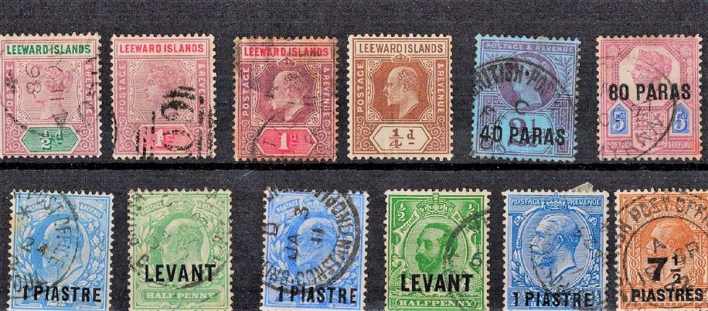 Lot 256: Prior 1936 Leeward Island , Levant 12 Stamps...