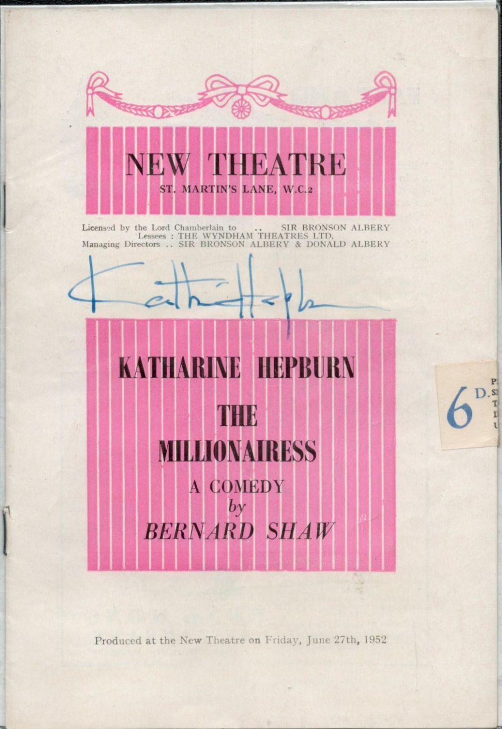 Lot 116: Katharine Hepburn signed New Theatre vintage programme The...