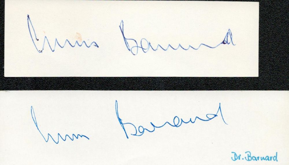 Lot 267: Christian Barnard two 5x2 signed white cards. Christiaan...