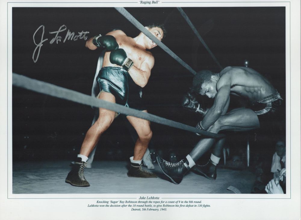 Lot 296: Boxing Jake LaMotta signed 16x12 colourised print pictured...