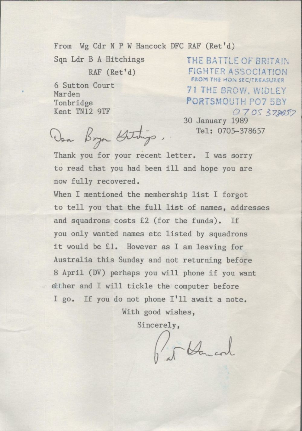 Lot 434: WW2 RAF Wg Cdr Pat Hancock DFC Typed...