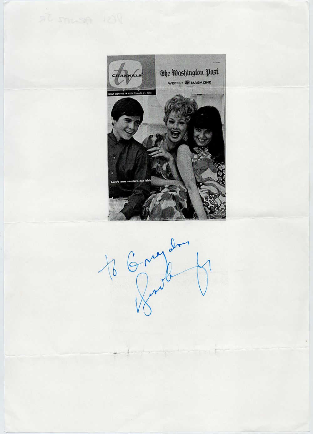 Lot 175: Desi Arnaz jnr signed A4 page. Good condition....