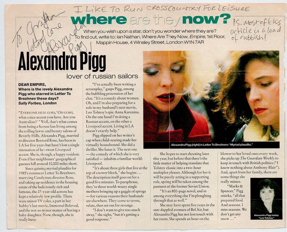 Lot 178: Alexandra Pigg signed magazine page. Good condition. All...