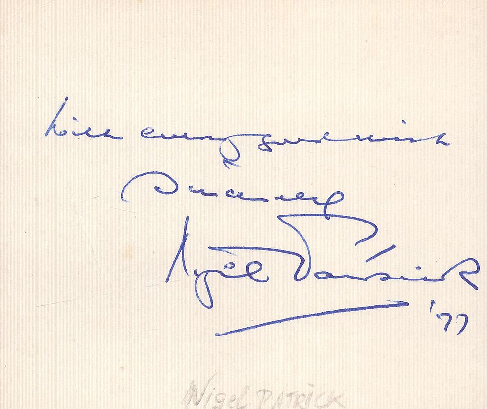 Lot 205: Nigel Patrick signed 5x3inch white card. Good condition....