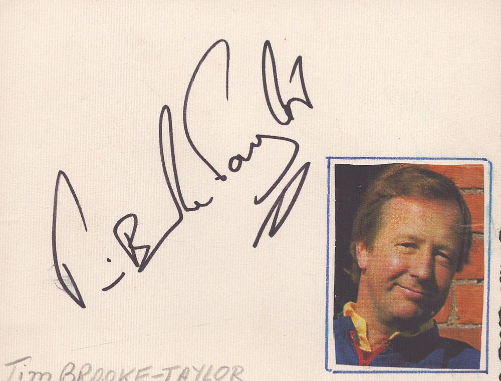 Lot 224: Tim Brooke-Taylor signed 4x2inch white card. Good condition....