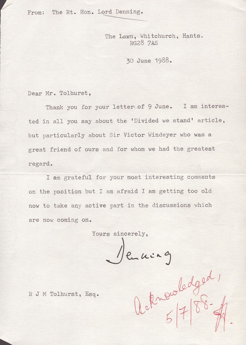 Lot 235: Rt Hon Lord Denning TLS. Good condition. All...