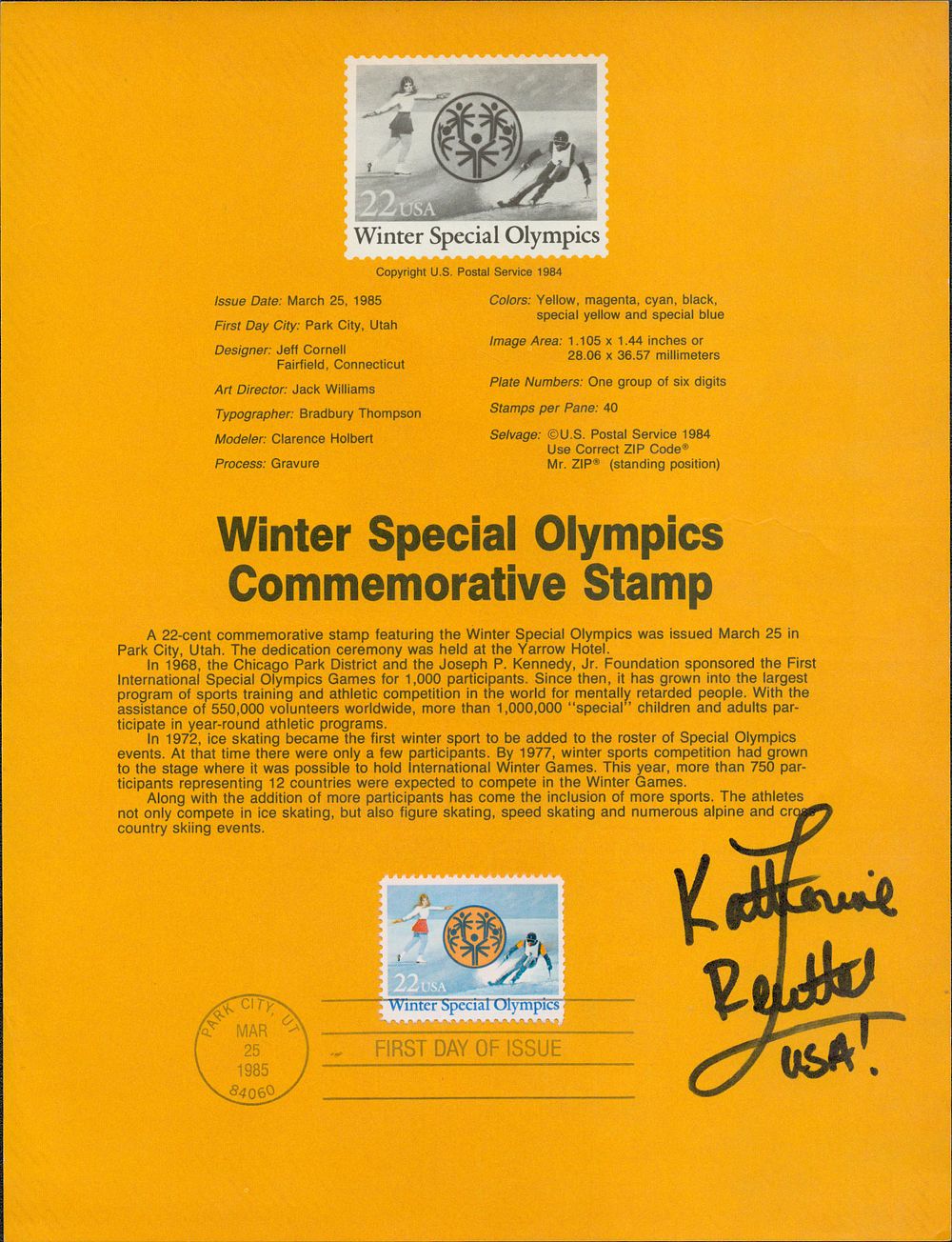 Lot 246: Katherine Reutter signed Winter special Olympics commemorative stamp...