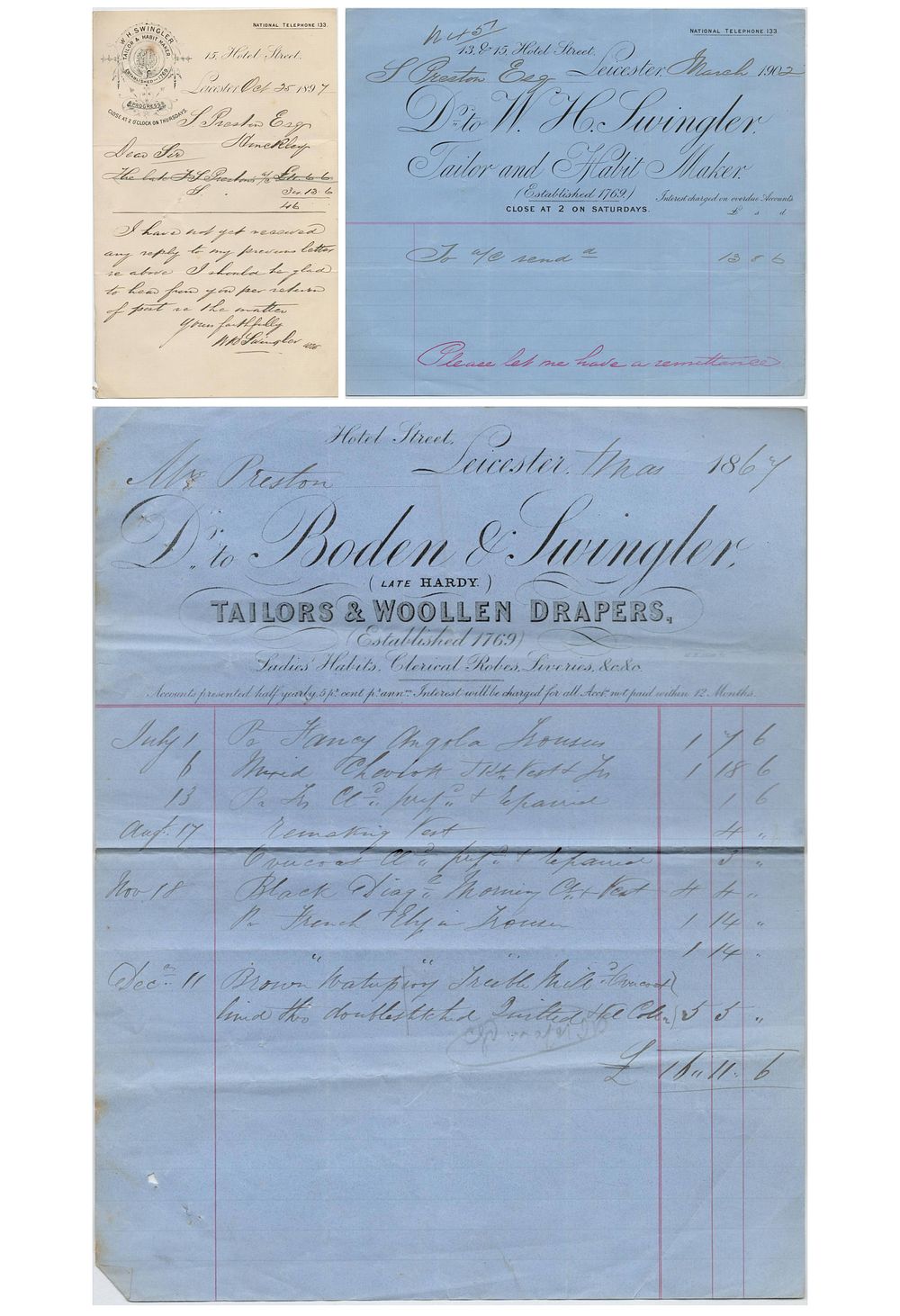 Lot 185: Historical Document Collection. 1867 bill for Dr Boden...