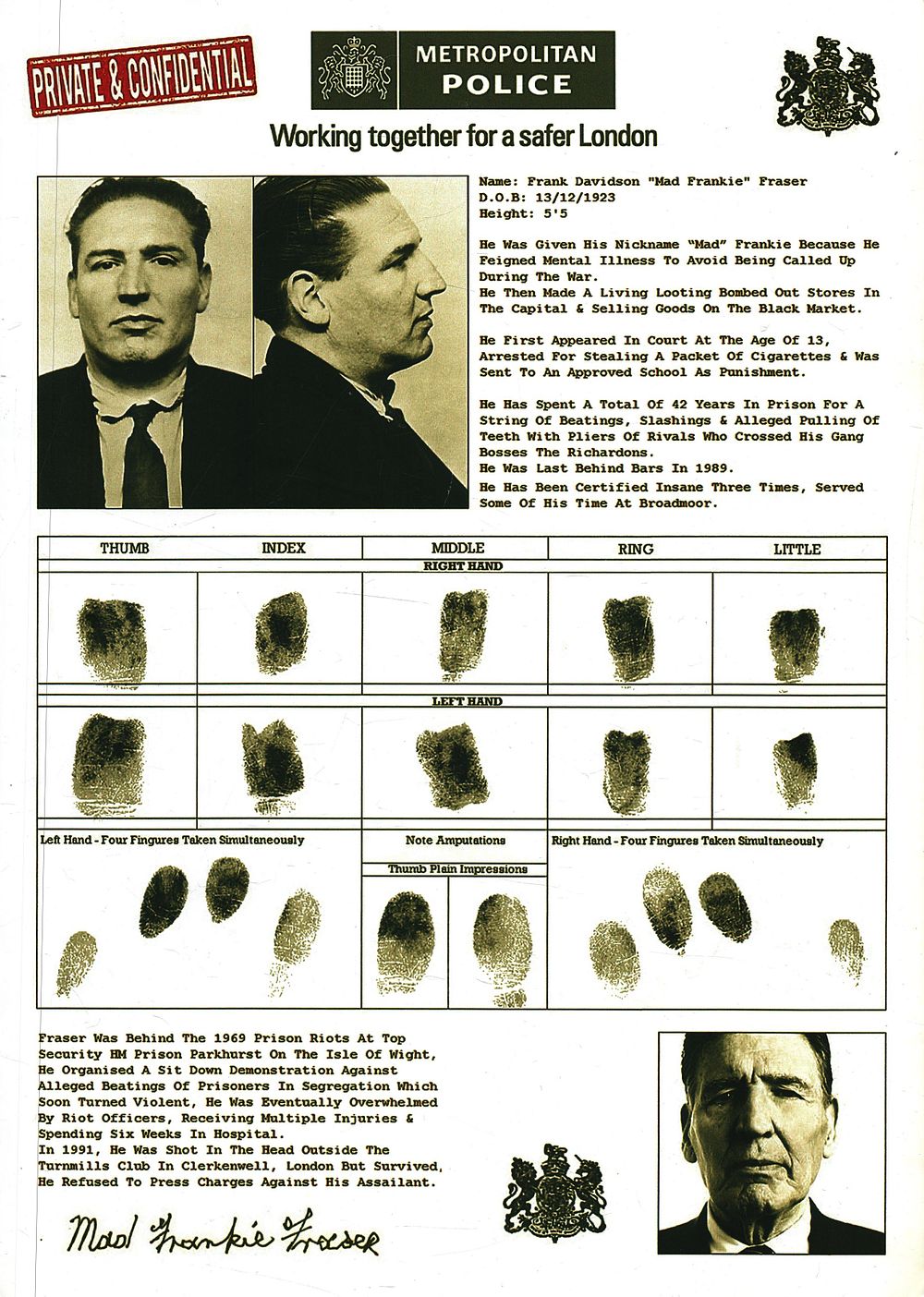 Lot 224: Mad Frankie Fraser Printed Criminal Record 12x8 inch...