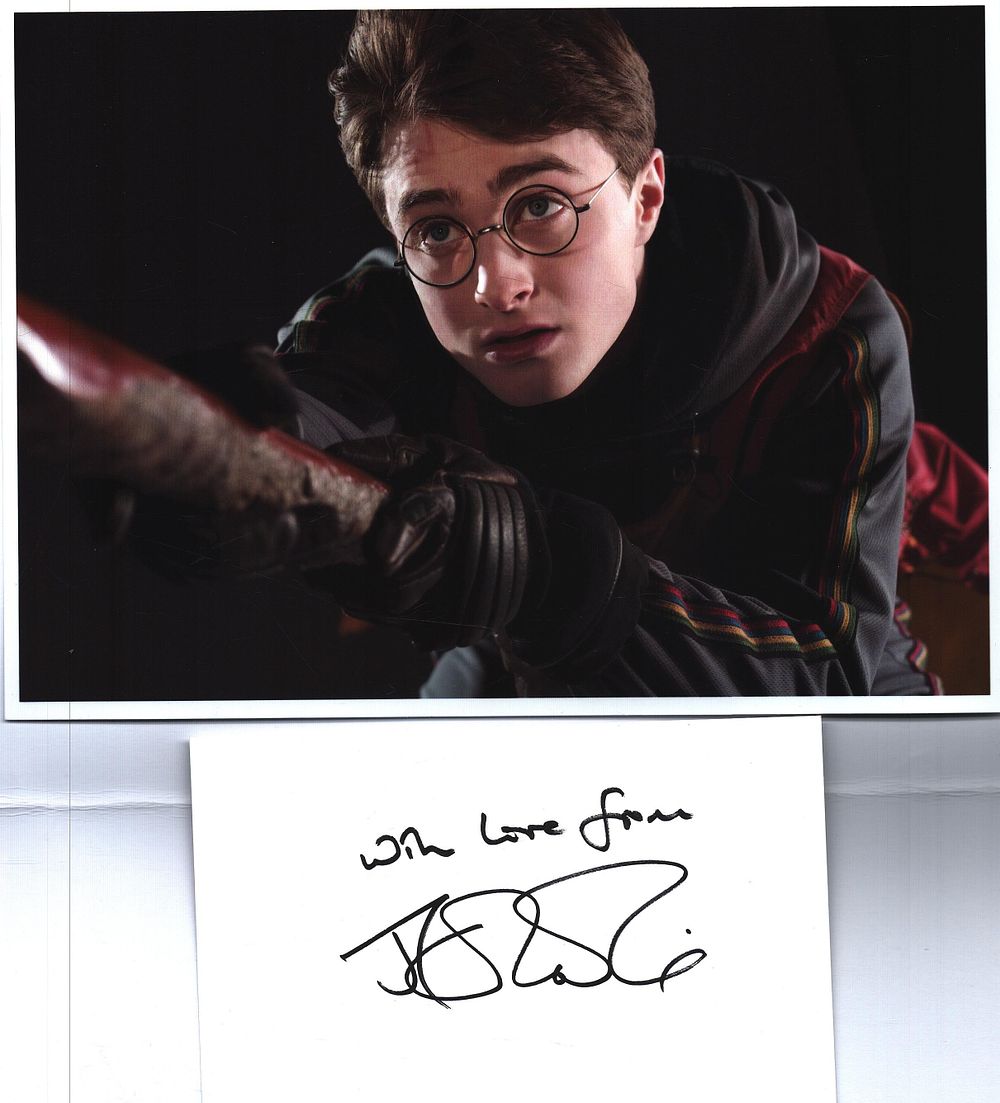 Lot 255: J.K Rowling signed 6x4inch white card with accompanying...