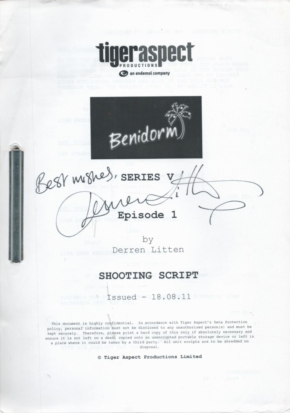 Lot 245: Benidorm Creator, Derren Litten signed Benidorm script for...