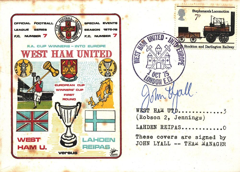 FOOTBALL WEST HAM UNITED V LAHDEN REIPAS 1975 DAWN FIRST DAY COVER SIGNED BY JOHN LYALL. Good 