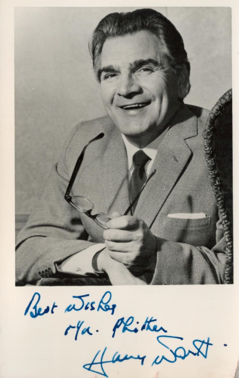 Lot 461: Harry Worth signed 6x4 black and white photo....