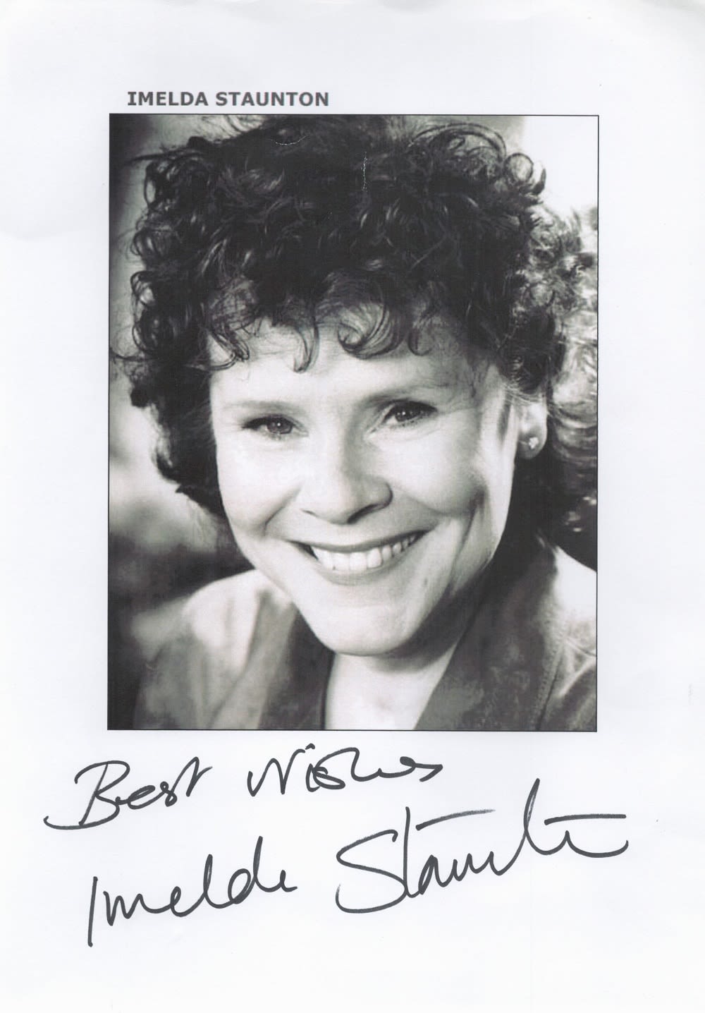 Lot 526: Imelda Staunton live signature on printed A4 photograph....