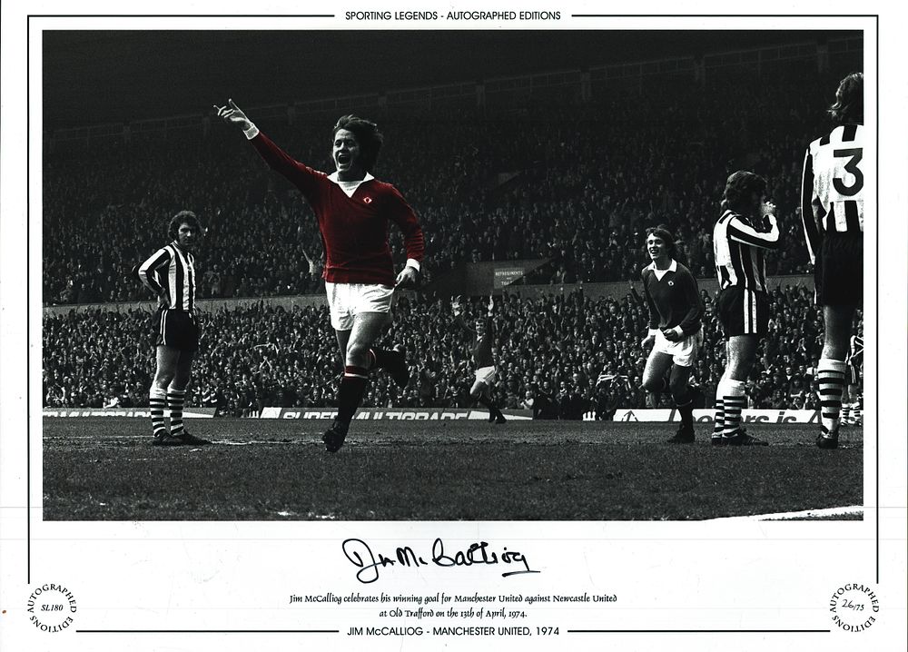 Lot 354: Jim McCalliog signed Manchester United 1974, 16x12 inch...
