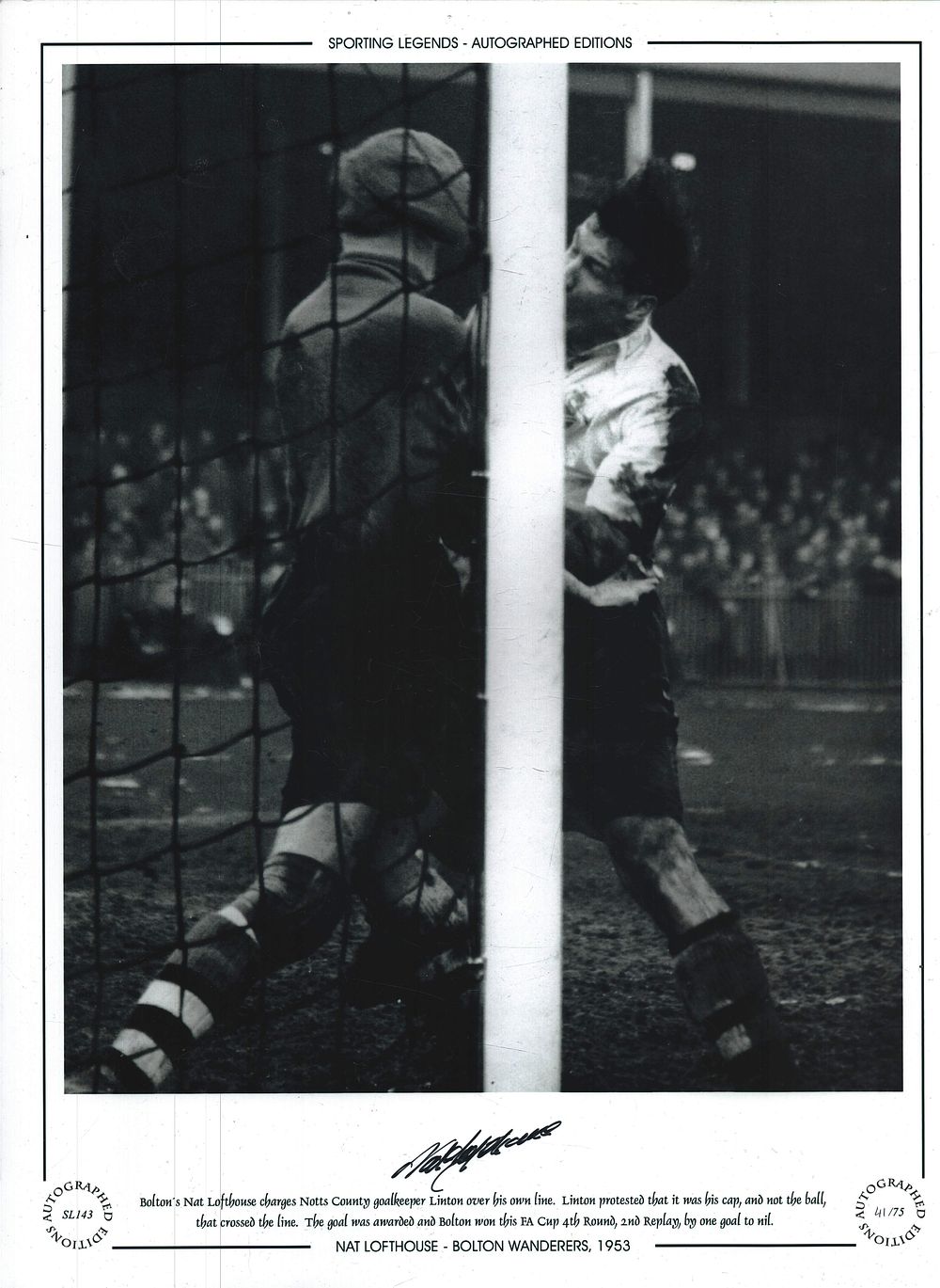 Lot 355: Bolton`s Nat Lofthouse signed Bolton Wonderers 1953, 16x12...