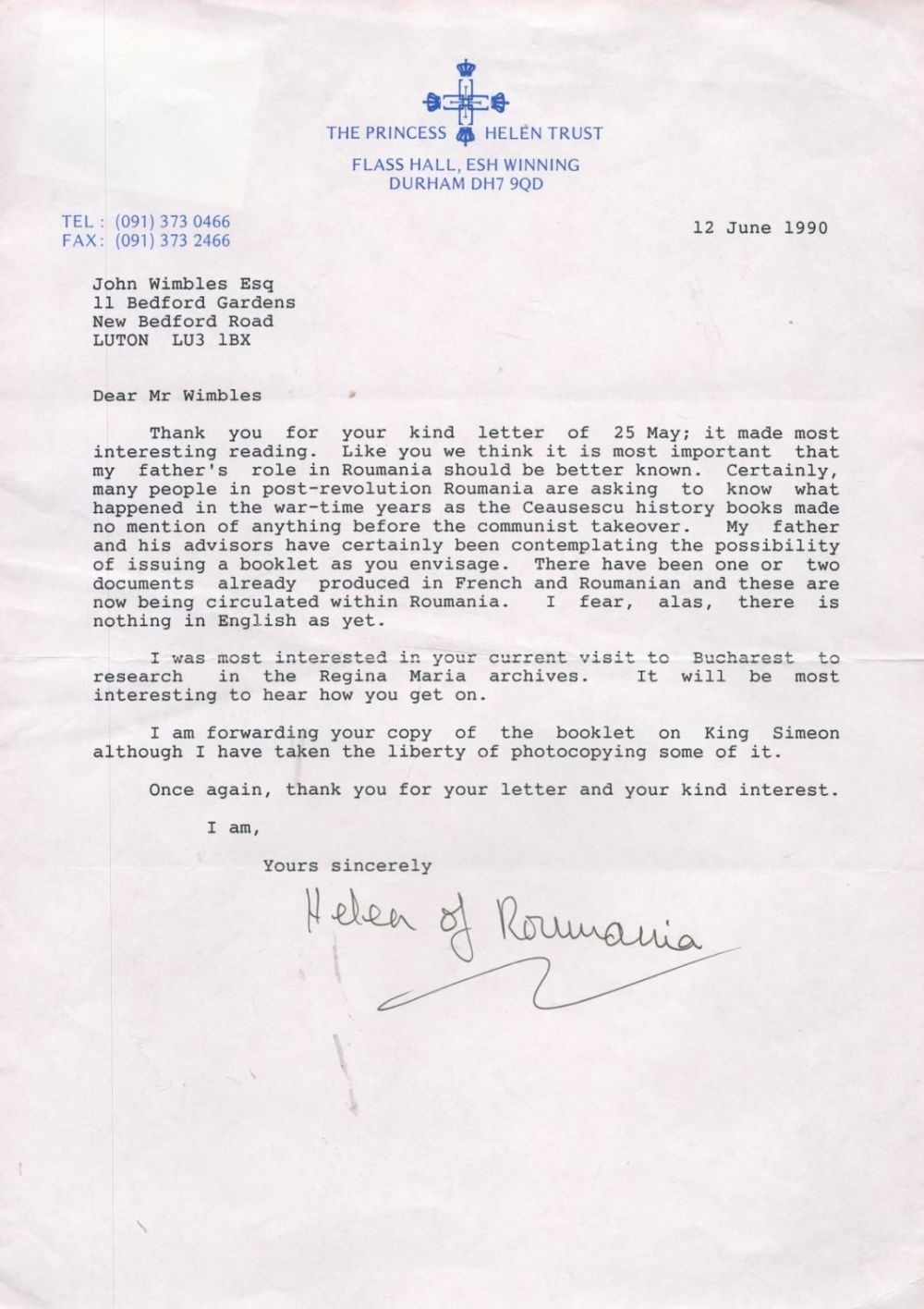 Lot 106: HRH Princess Helen of Romania TLS dated 12...