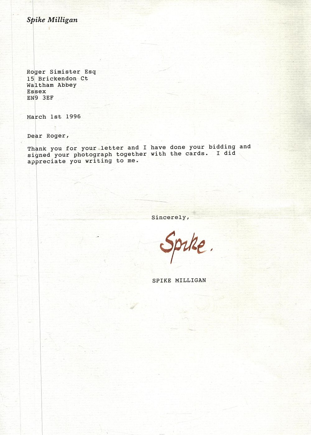 Lot 446: Spike Milligan TLS Headed Letter Thank You A4....