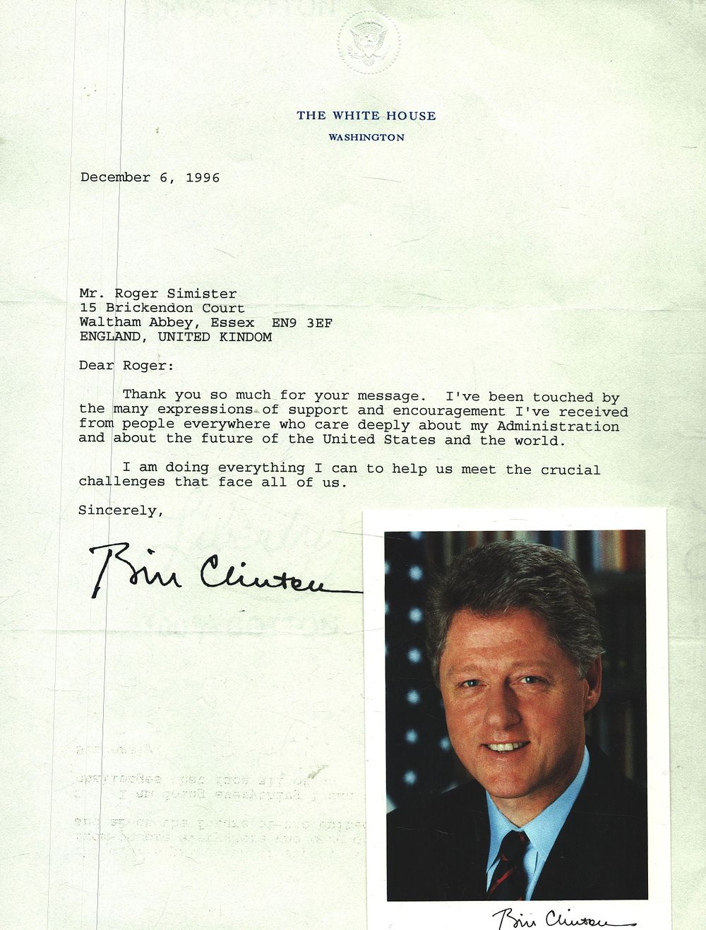 Lot 447: Bill Clinton Printed Thank You Letter A4 includes...