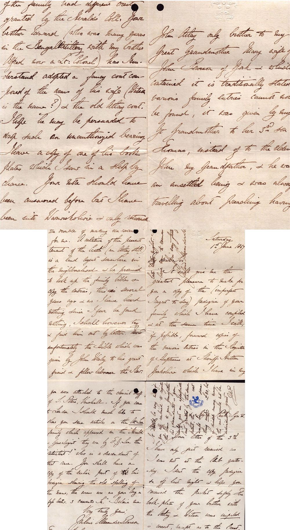 Lot 459: Julius Alexander Pearson handwritten letters dated 1867. Good...