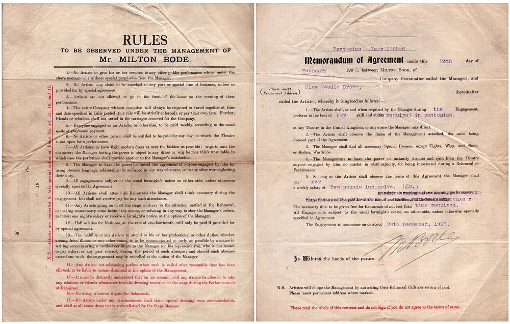 Lot 462: Milton Bode signed contract dated 26th December 1905...