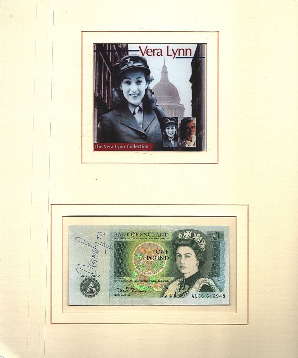 Lot 482: Vera Lynn signed £1note mounted below colourised photo....