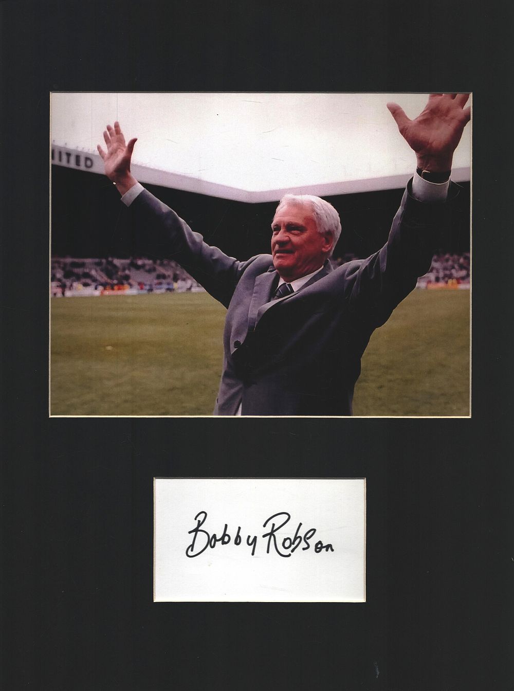 Lot 485: Bobby Robson signed white card mounted below colour...