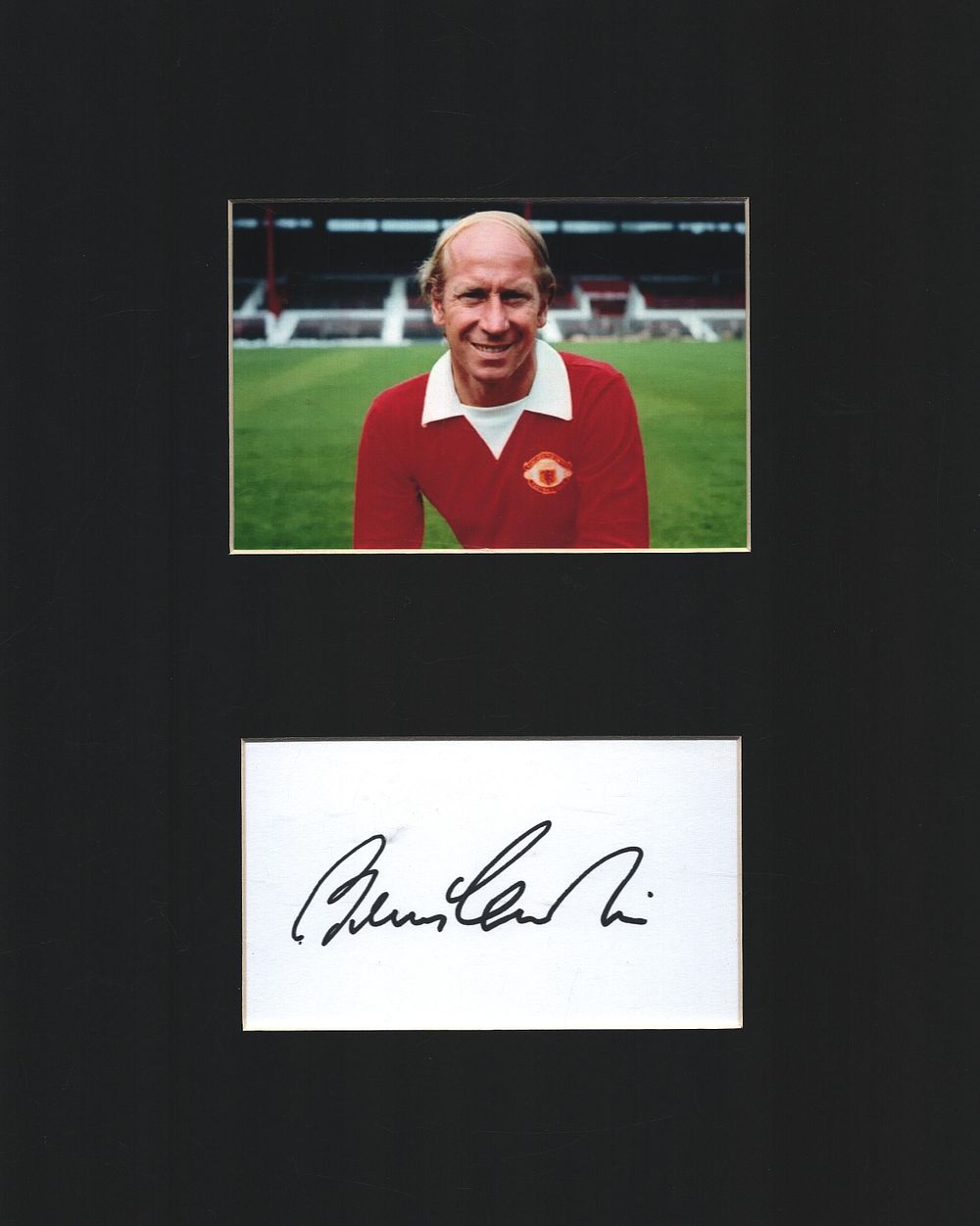 Lot 489: Bobby Charlton signed white card mounted below colour...