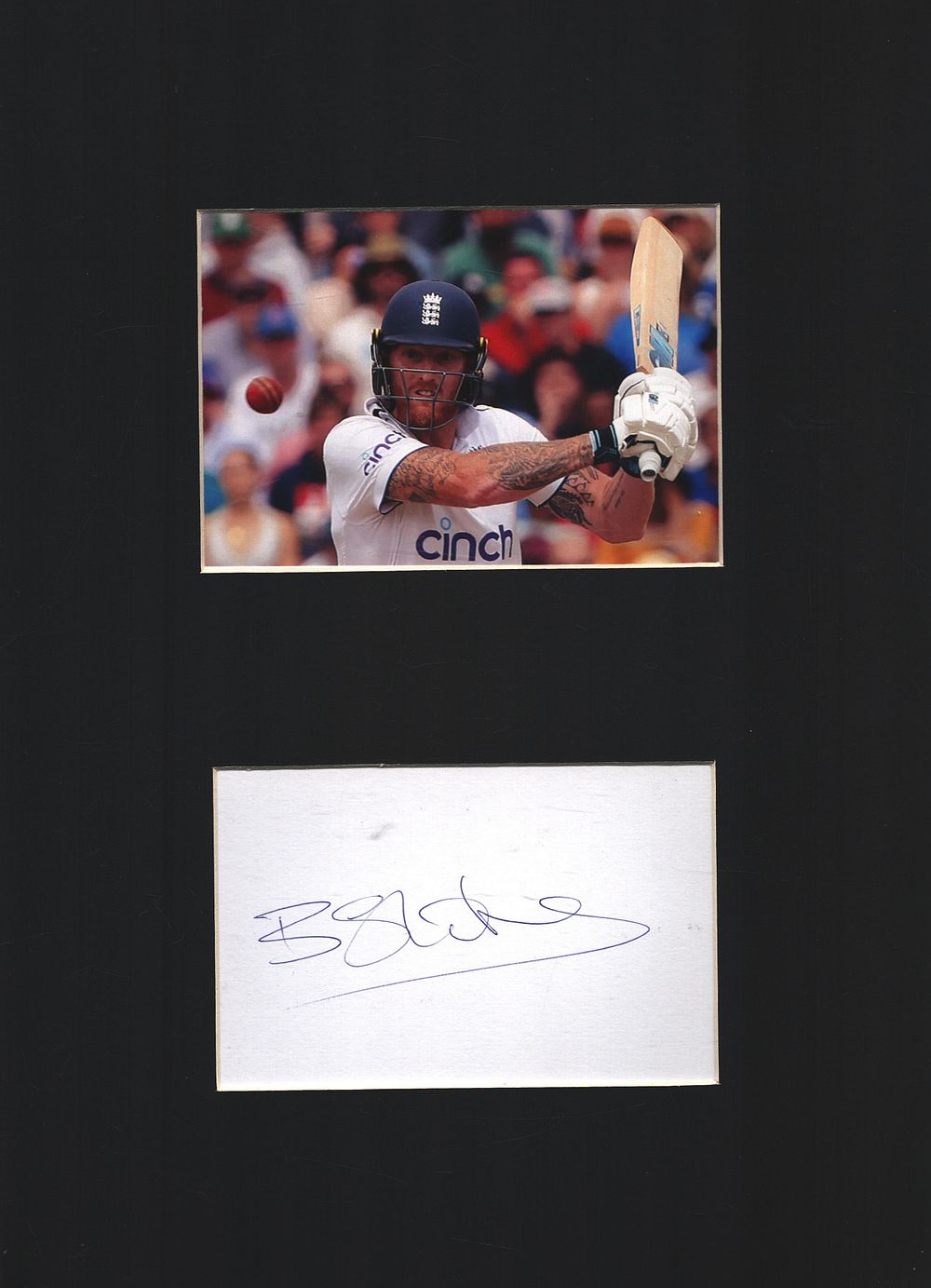 Lot 490: Ben Stokes signed white card mounted below colour...