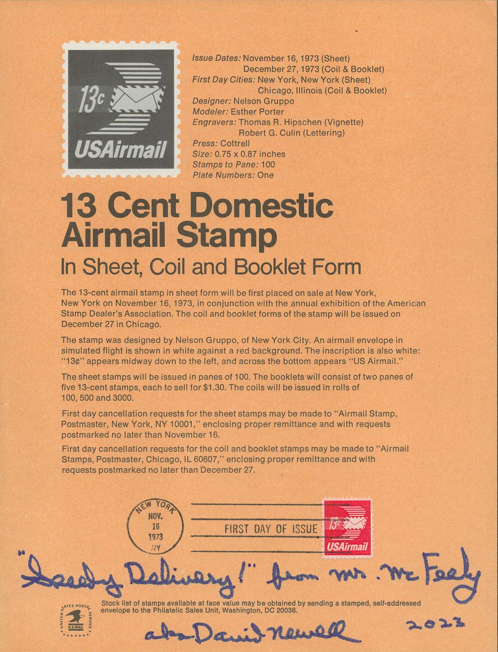 Lot 553: David Newell signed stamp info sheet. Good condition....