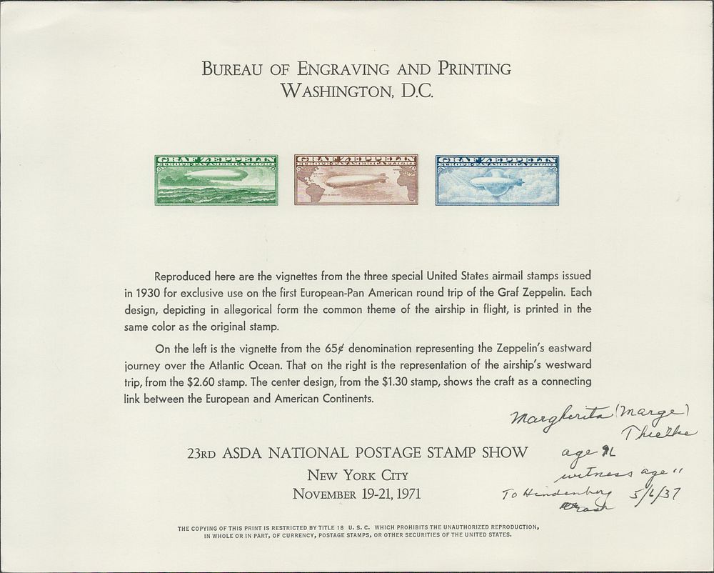 Lot 554: Marge Thielke signed stamp info sheet. Good condition....
