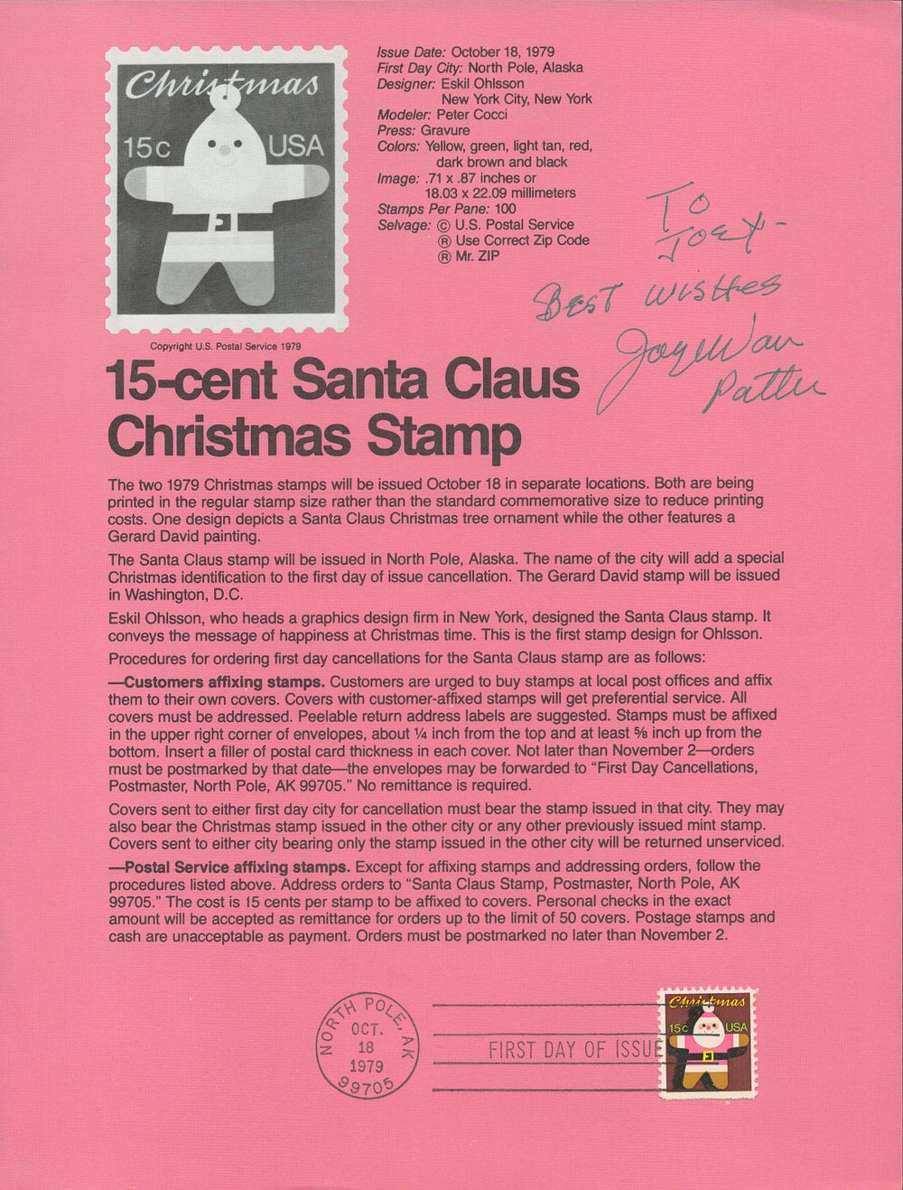 Lot 563: Joyce van Patten signed stamp info sheet. Good...