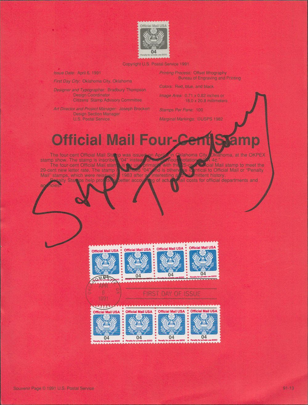 Lot 572: Stephen Tobolowsky signed stamp info sheet. Good condition....