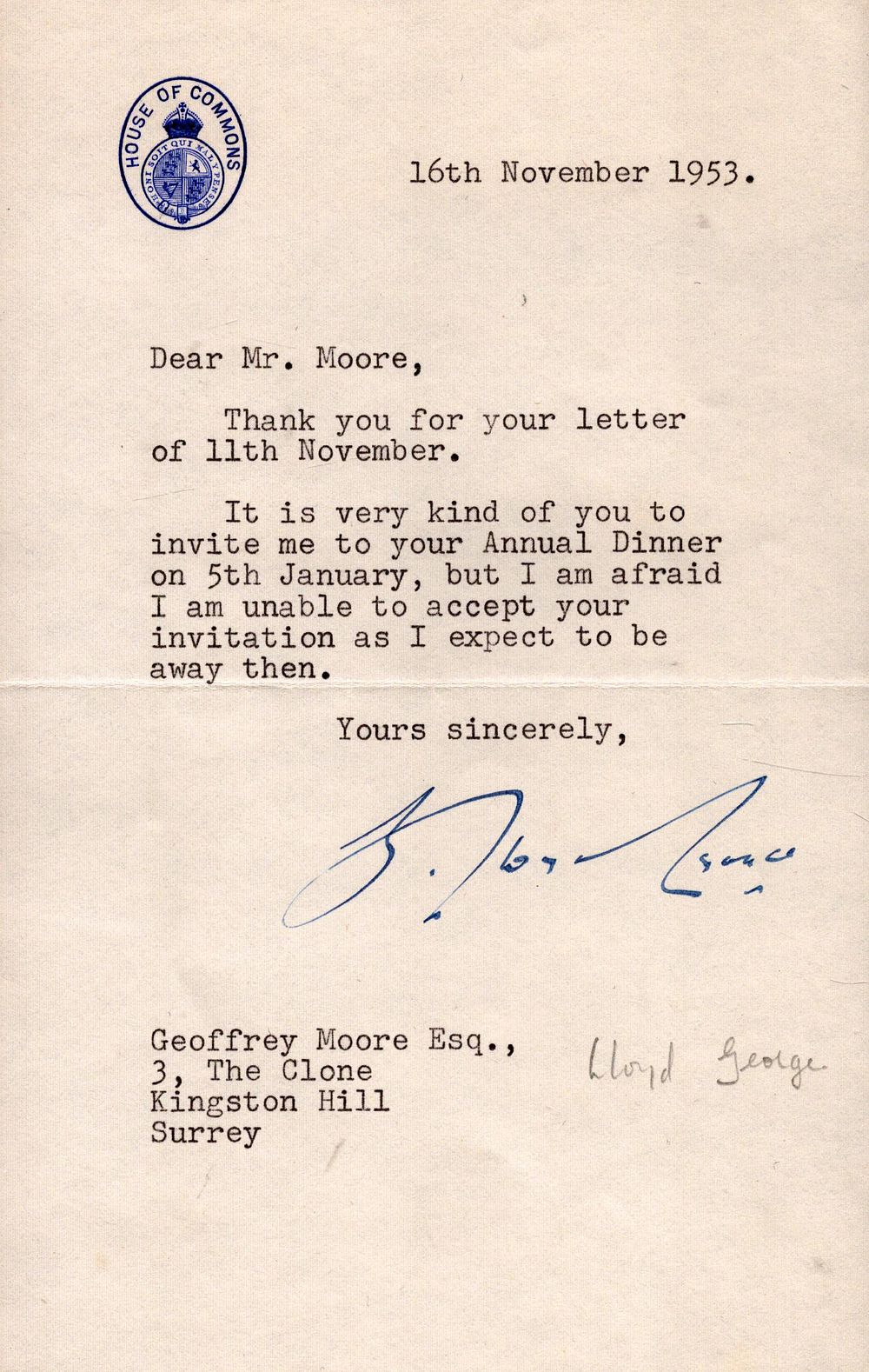 Lot 604: Gwilym Lloyd George signed typed letter dated 16th...