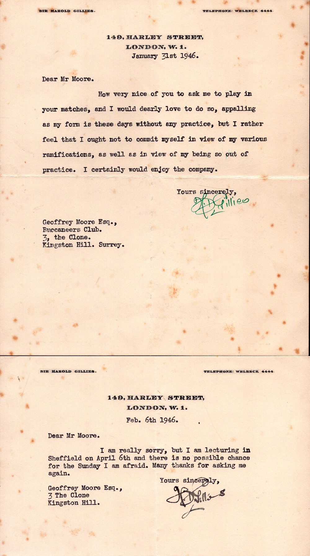 Lot 609: Sir Harold Gillies signed typed letters dating 1946...