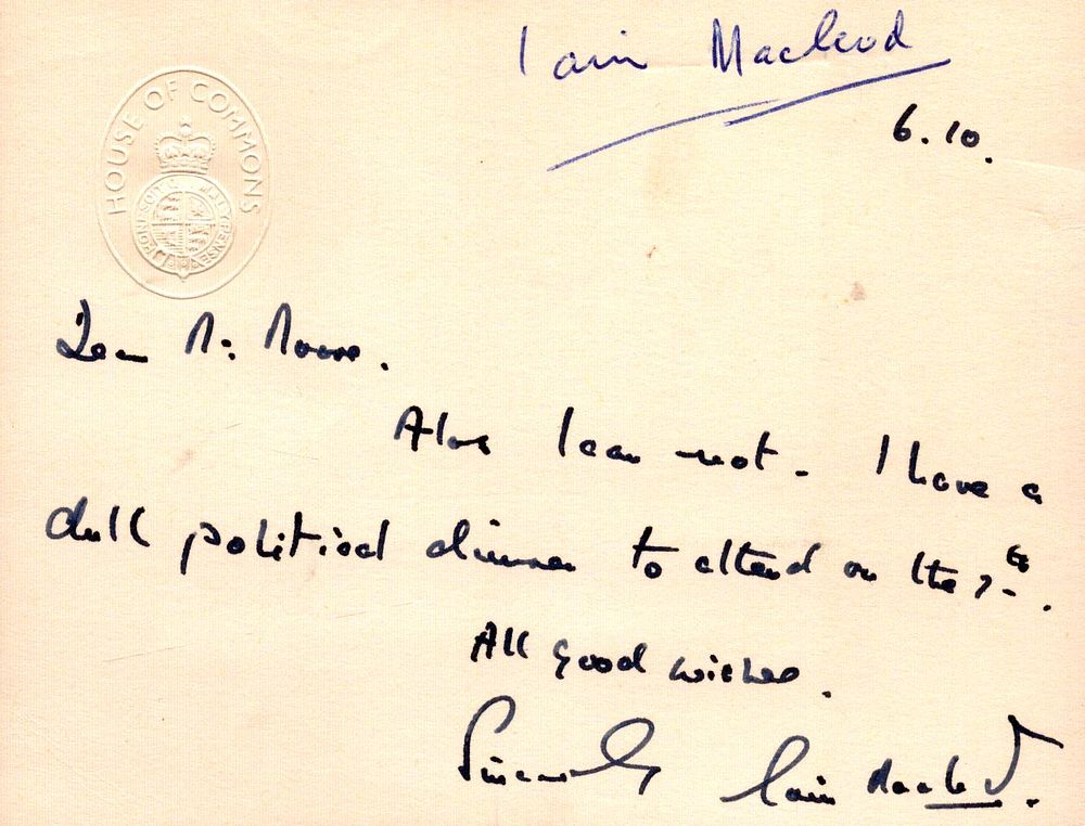 Lot 612: Iain Macleod signed House of Commons embossed card...
