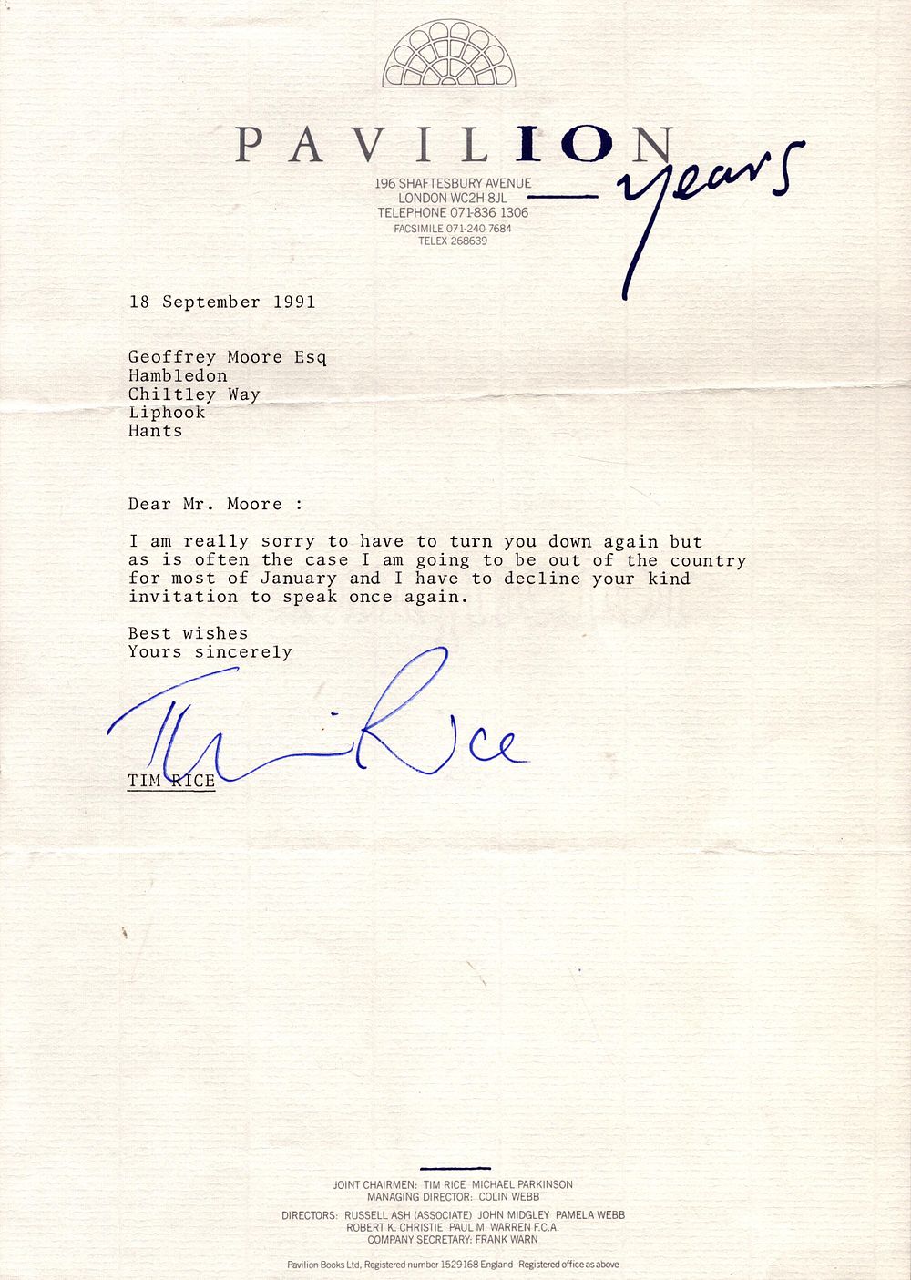 Lot 617: Tim Rice signed typed letter dated 18th September...