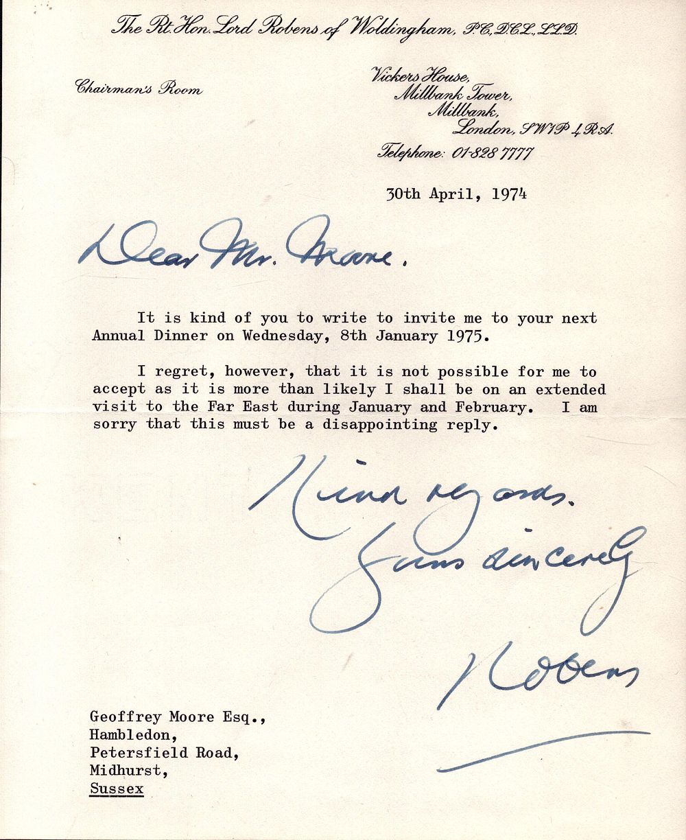 Lot 618: Lord Robens signed typed letter dated 30th April...