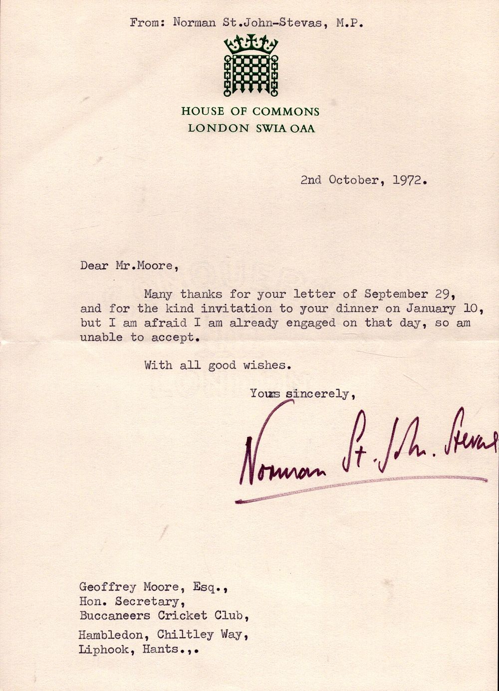 Lot 619: Norman St John-Stevas signed typed letter dated 2nd...
