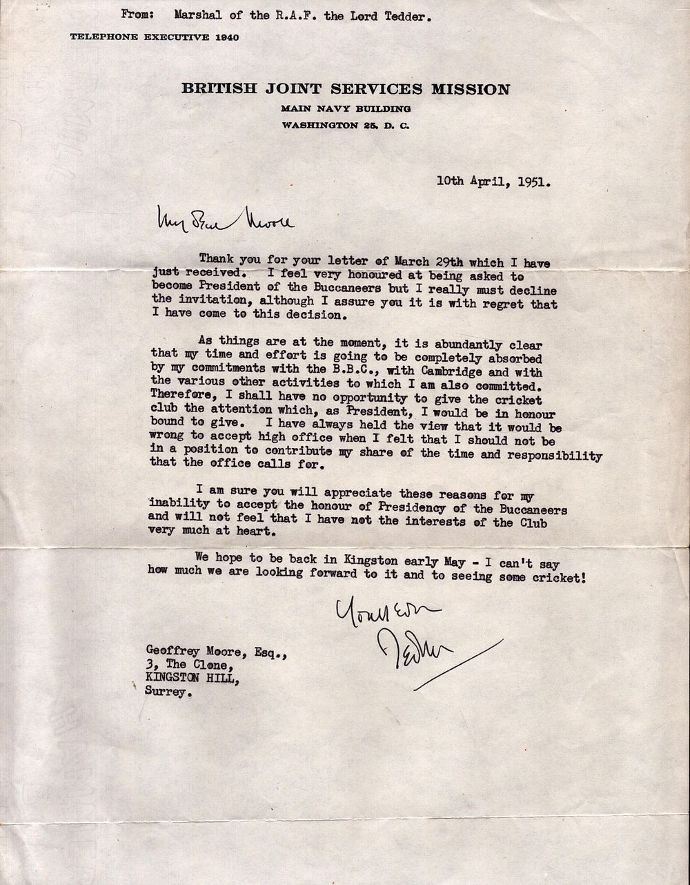 Lot 620: Arthur Tedder, 1st Baron Tedder signed typed letter...