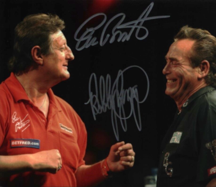 Eric Bristow and Bobby George signed 10x8inch colour photo. Good condition. All autographs come 