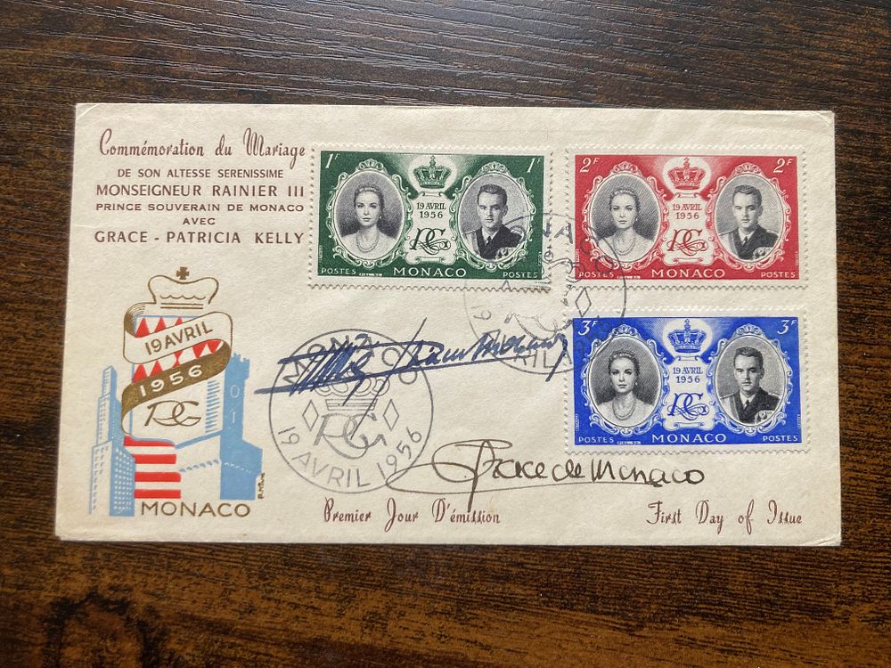 Grace Kelly Prince Rainier III signed rare 1956 Monaco Royal Wedding FDC. Grace Patricia Kelly 
