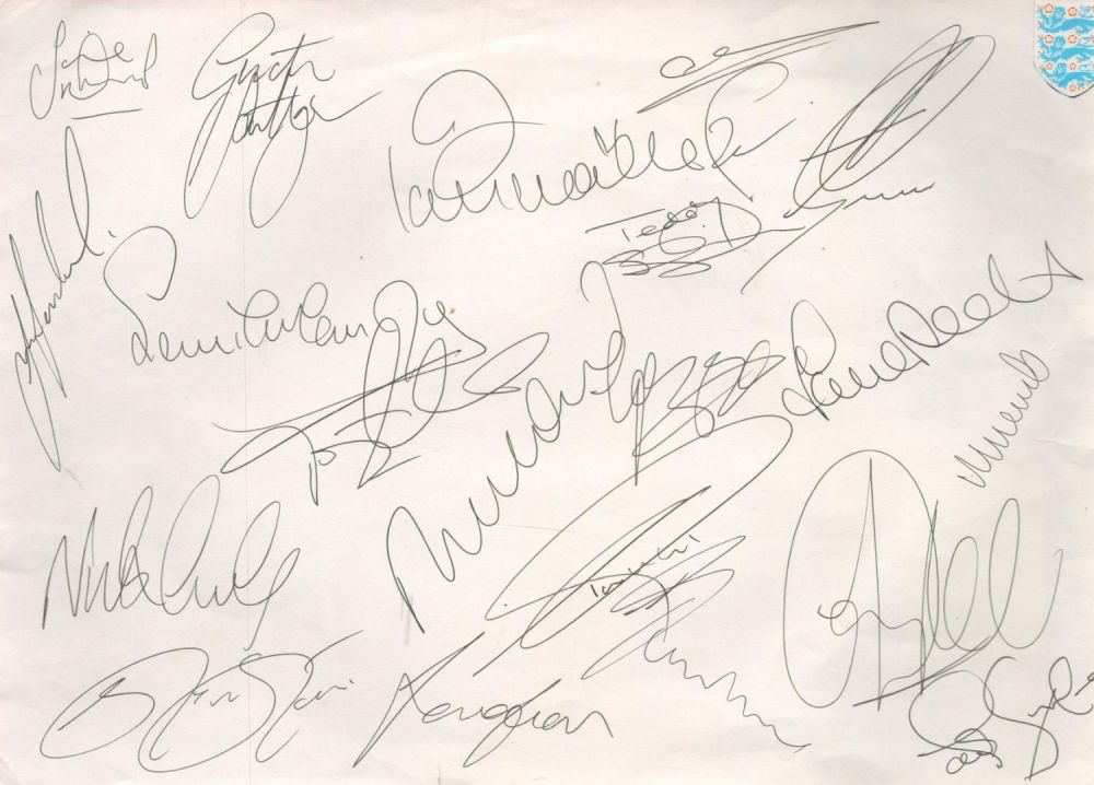 Lot 203: Football England 1996 multisigned A4 team sheet 20...