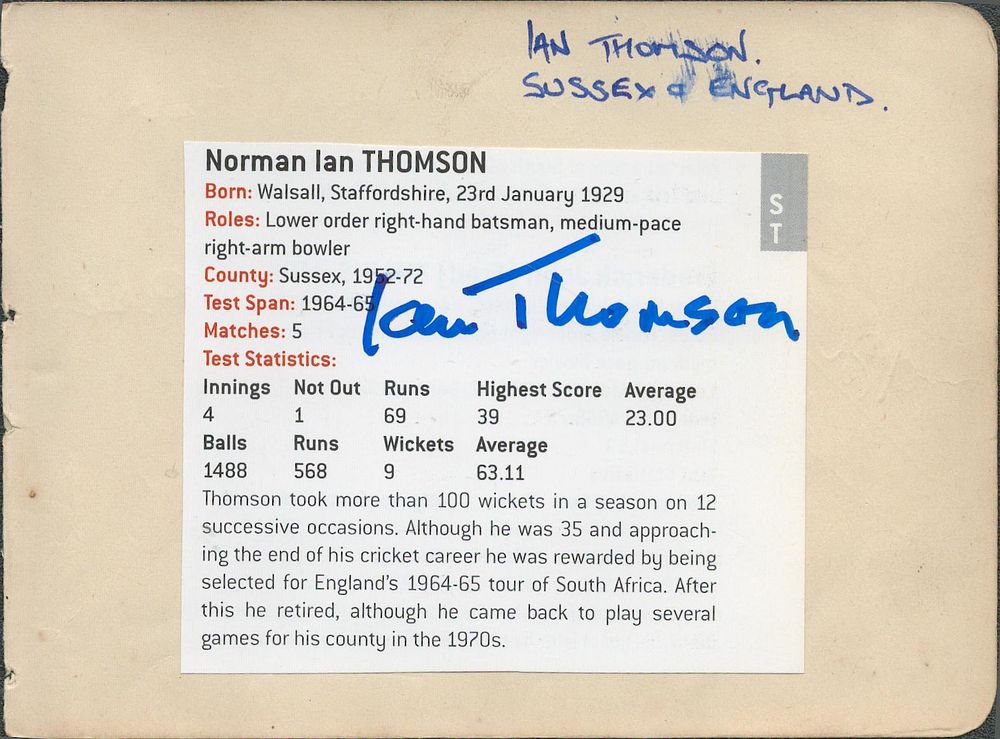 Lot 242: Cricket Ian Thomson signed magazine cutting affixed to...