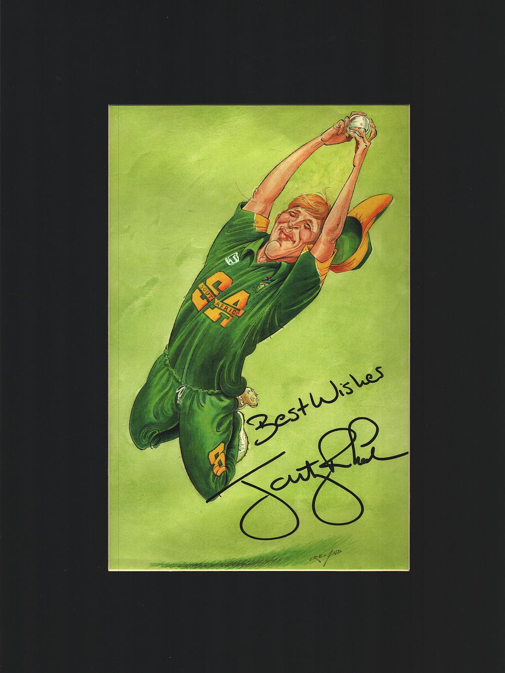 Lot 359: Cricket Jonty Rhodes signed colour caricature pictured mounted...