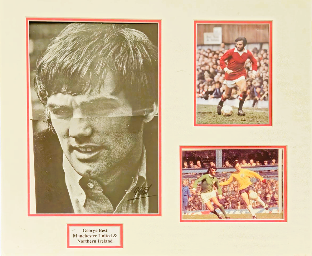 Lot 424: George Best signed black and white photo. Mounted...
