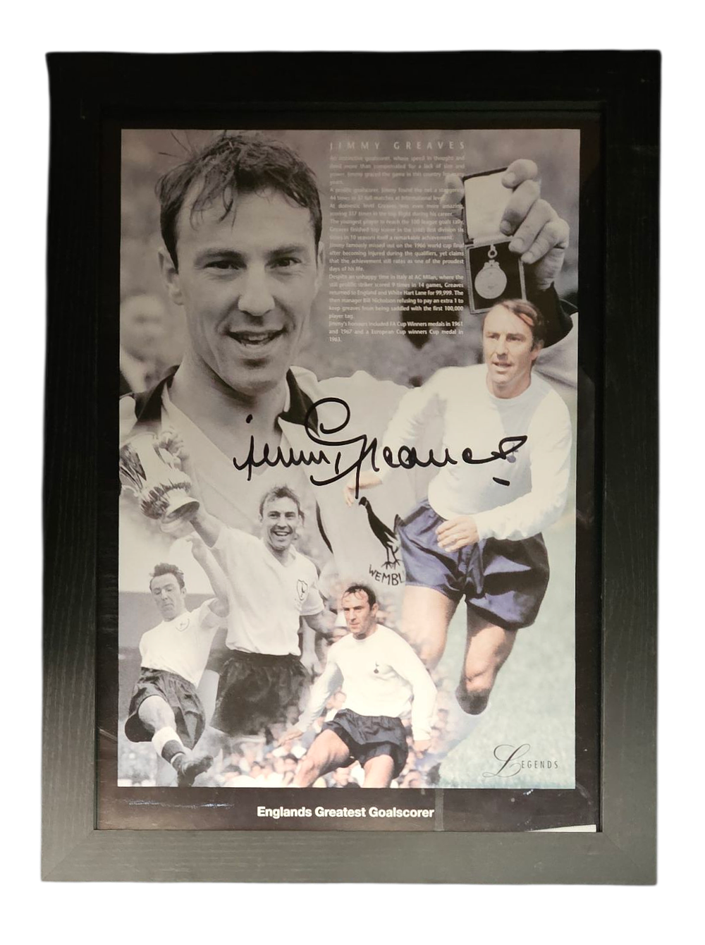 Lot 435: Jimmy Greaves signed colourised montage photo. Framed. Approx...