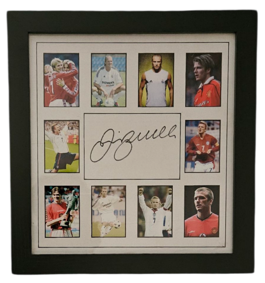 Lot 445: David Beckham signed white card. Mounted and framed...